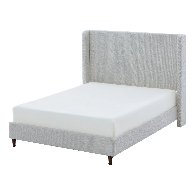 Heny Queen Size Bed with Wingback Tall Headboard- Ivory Fabric Upholstery