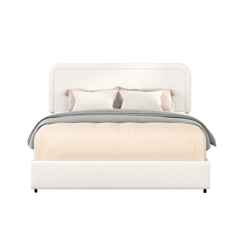 lez queen size platform bed with 2 storage drawers- ivory boucle upholstery