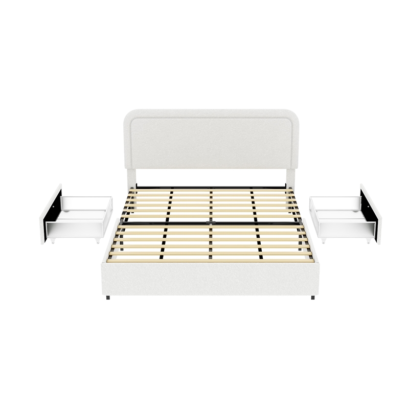 lez queen size platform bed with 2 storage drawers- ivory boucle upholstery