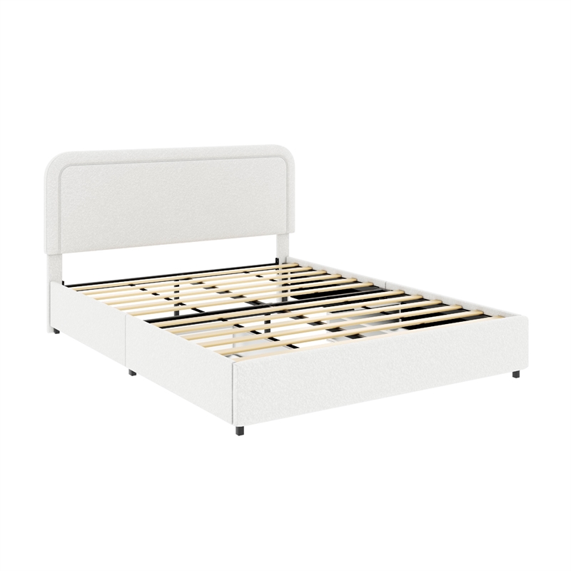 lez queen size platform bed with 2 storage drawers- ivory boucle upholstery