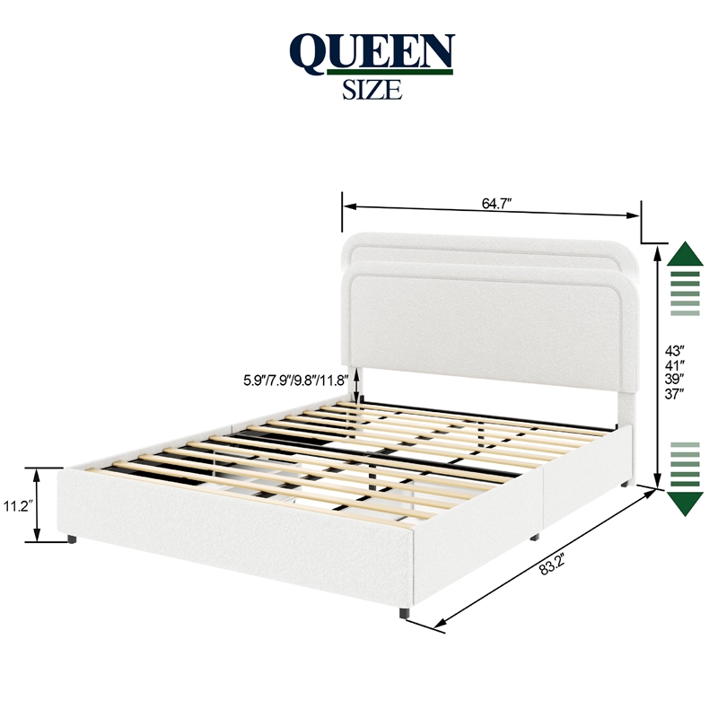 lez queen size platform bed with 2 storage drawers- ivory boucle upholstery