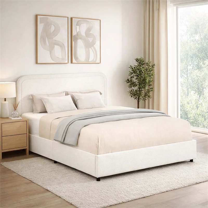 lez queen size platform bed with 2 storage drawers- ivory boucle upholstery