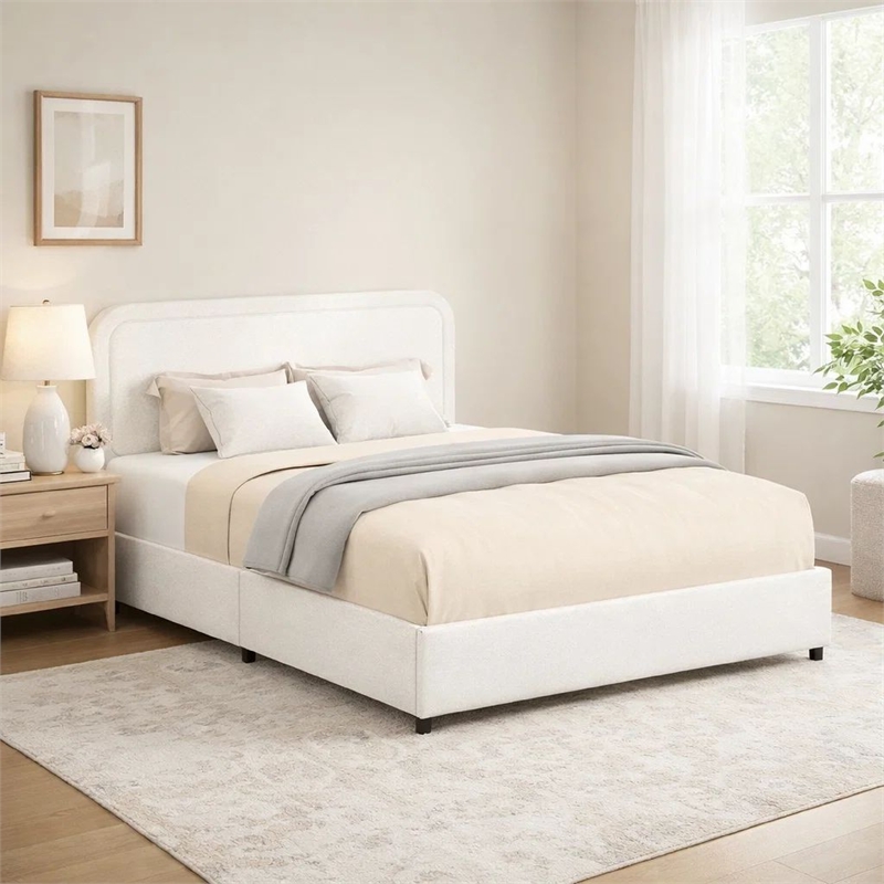 lez queen size platform bed with 2 storage drawers- ivory boucle upholstery