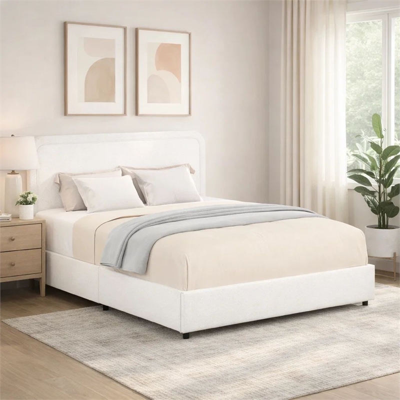 lez queen size platform bed with 2 storage drawers- ivory boucle upholstery