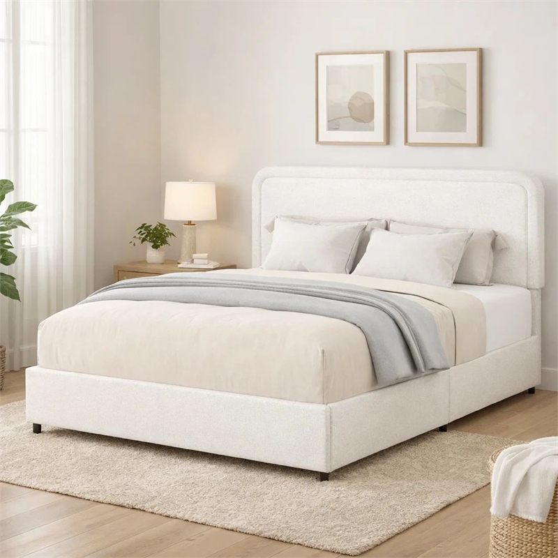 lez queen size platform bed with 2 storage drawers- ivory boucle upholstery