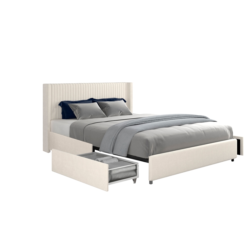 Nia Queen Bed- 2 Storage Drawers- Wingback Tufted Ivory Velvet Headboard