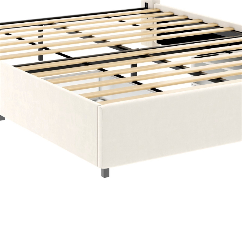 Nia Queen Bed- 2 Storage Drawers- Wingback Tufted Ivory Velvet Headboard