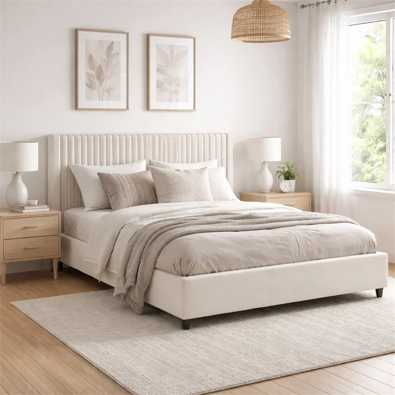 Nia Queen Bed- 2 Storage Drawers- Wingback Tufted Ivory Velvet Headboard