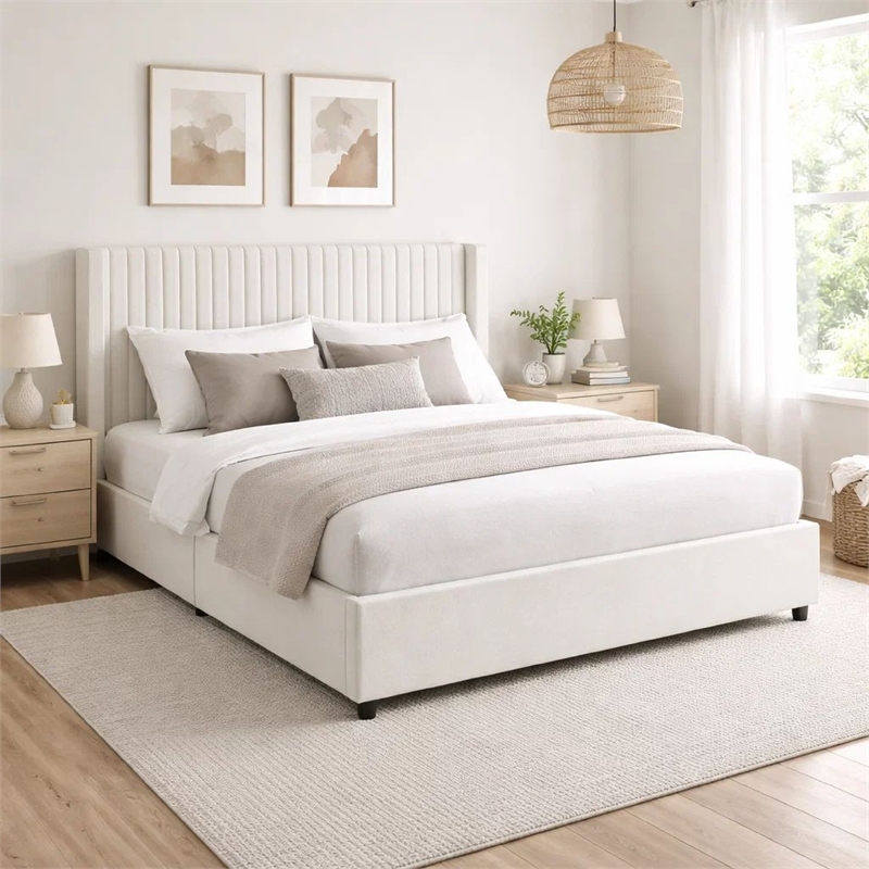 Nia Queen Bed- 2 Storage Drawers- Wingback Tufted Ivory Velvet Headboard