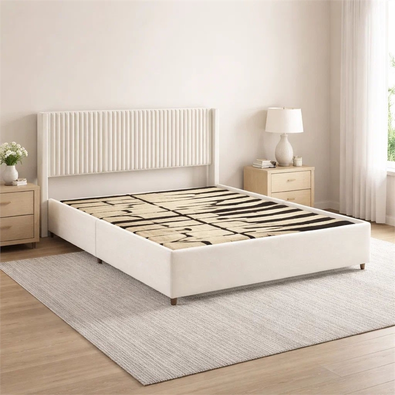 Nia Queen Bed- 2 Storage Drawers- Wingback Tufted Ivory Velvet Headboard