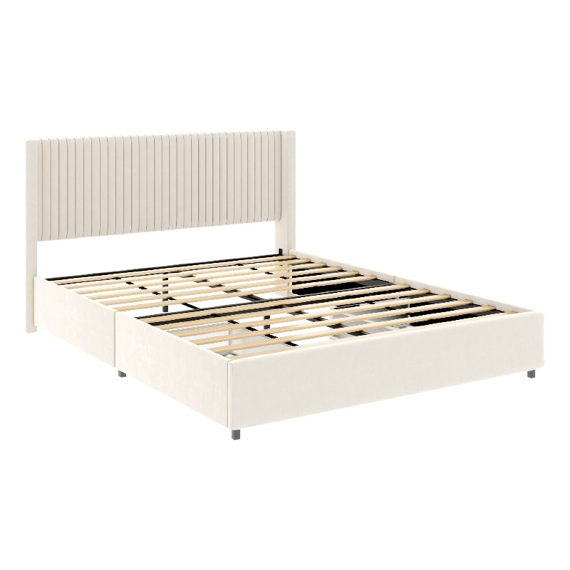 Nia Queen Bed- 2 Storage Drawers- Wingback Tufted Ivory Velvet Headboard