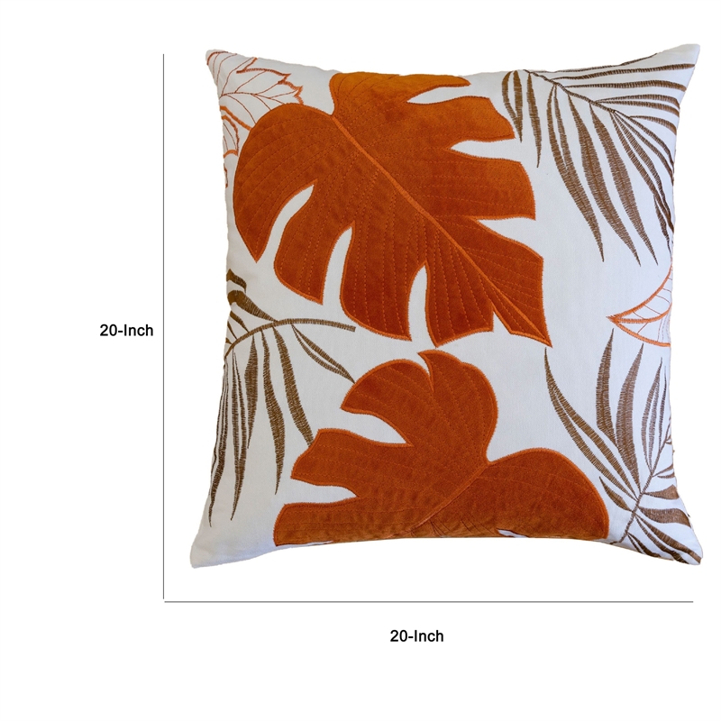 Lefy Accent Pillow- Orange Autumn Leaf Design on White Velvet- 20 Inch Square