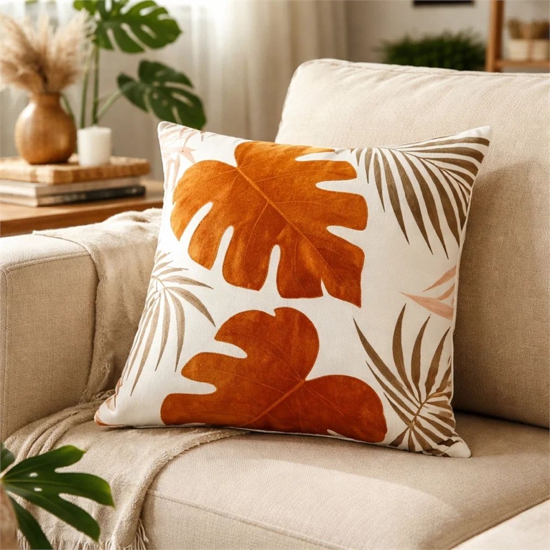 Lefy Accent Pillow- Orange Autumn Leaf Design on White Velvet- 20 Inch Square