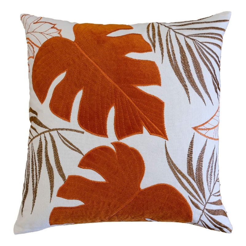 Lefy Accent Pillow- Orange Autumn Leaf Design on White Velvet- 20 Inch Square