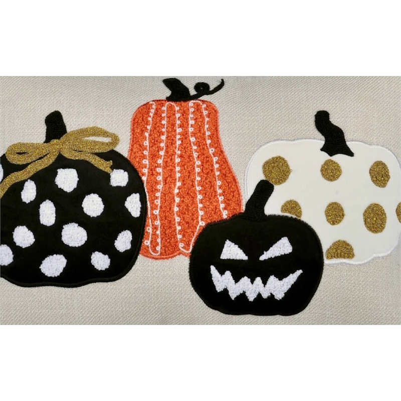 Lumbar Throw Pillow Cover- Hallow Pumpkin Embroidered- Black Linen 14x20