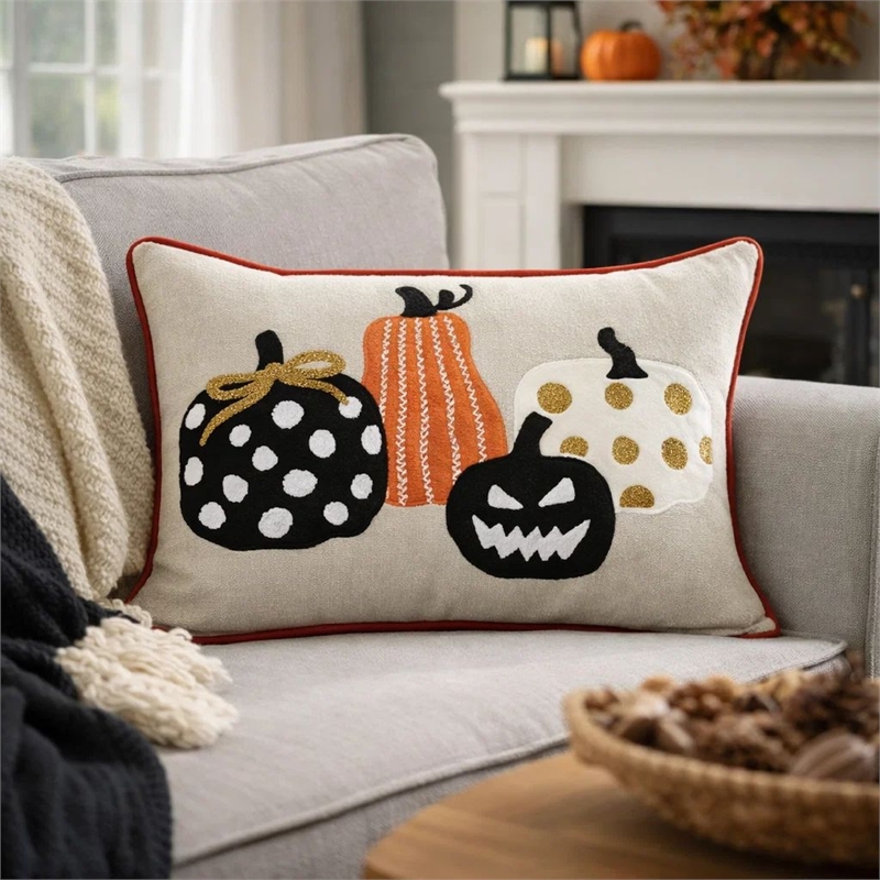 Lumbar Throw Pillow Cover- Hallow Pumpkin Embroidered- Black Linen 14x20