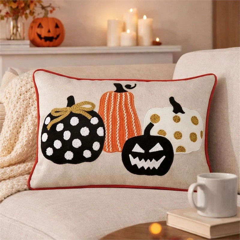 Lumbar Throw Pillow Cover- Hallow Pumpkin Embroidered- Black Linen 14x20