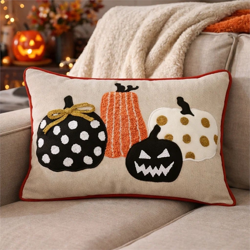 Lumbar Throw Pillow Cover- Hallow Pumpkin Embroidered- Black Linen 14x20