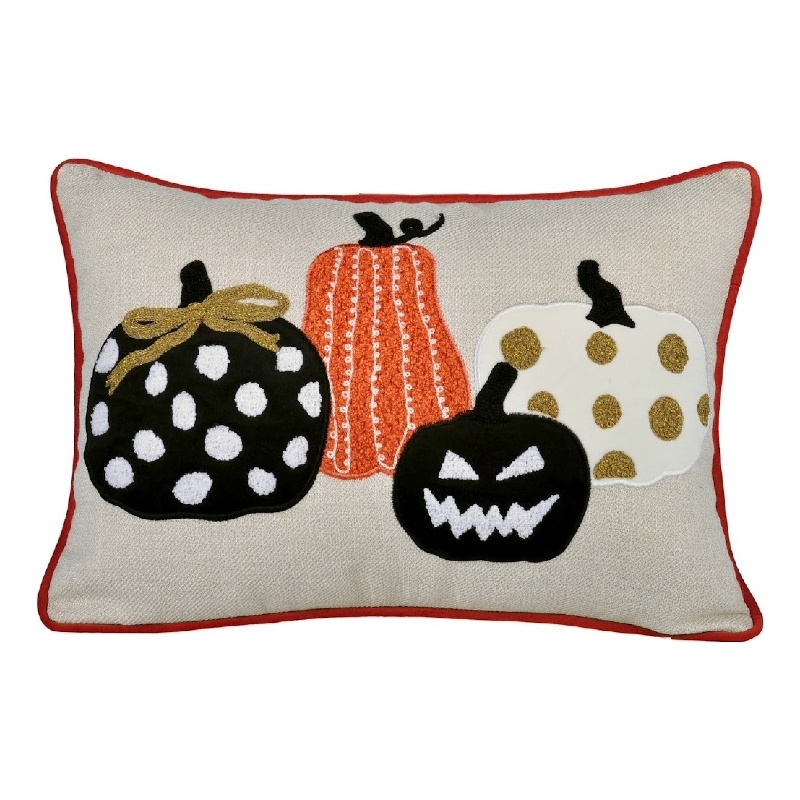 Lumbar Throw Pillow Cover- Hallow Pumpkin Embroidered- Black Linen 14x20