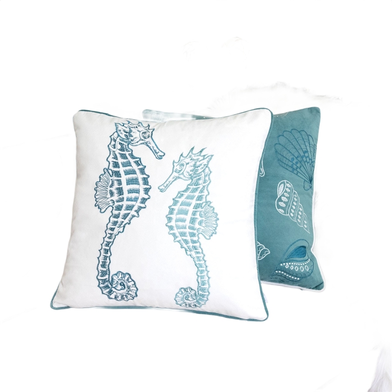 Meo Throw Pillow- Embroidered Seahorse- White Blue Velvet- 20 Inch Square