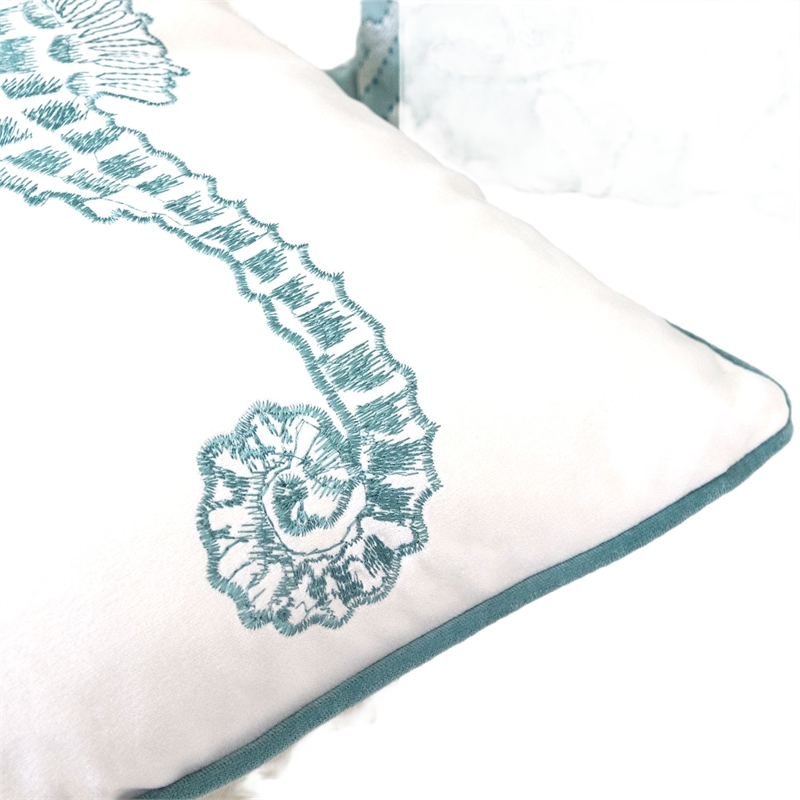 Meo Throw Pillow- Embroidered Seahorse- White Blue Velvet- 20 Inch Square