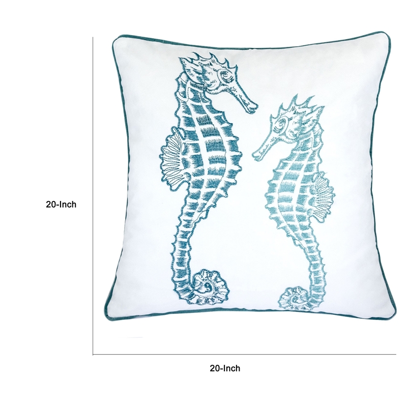 Meo Throw Pillow- Embroidered Seahorse- White Blue Velvet- 20 Inch Square