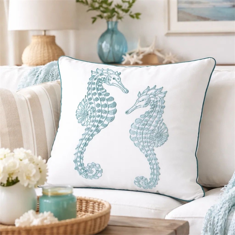 Meo Throw Pillow- Embroidered Seahorse- White Blue Velvet- 20 Inch Square