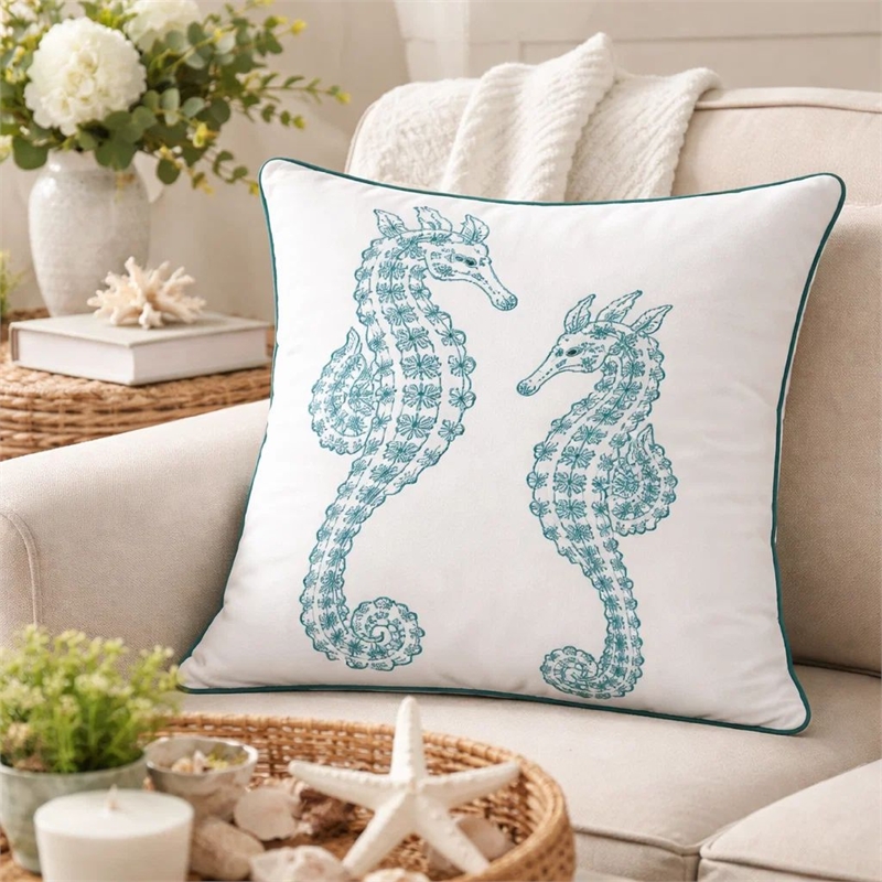 Meo Throw Pillow- Embroidered Seahorse- White Blue Velvet- 20 Inch Square