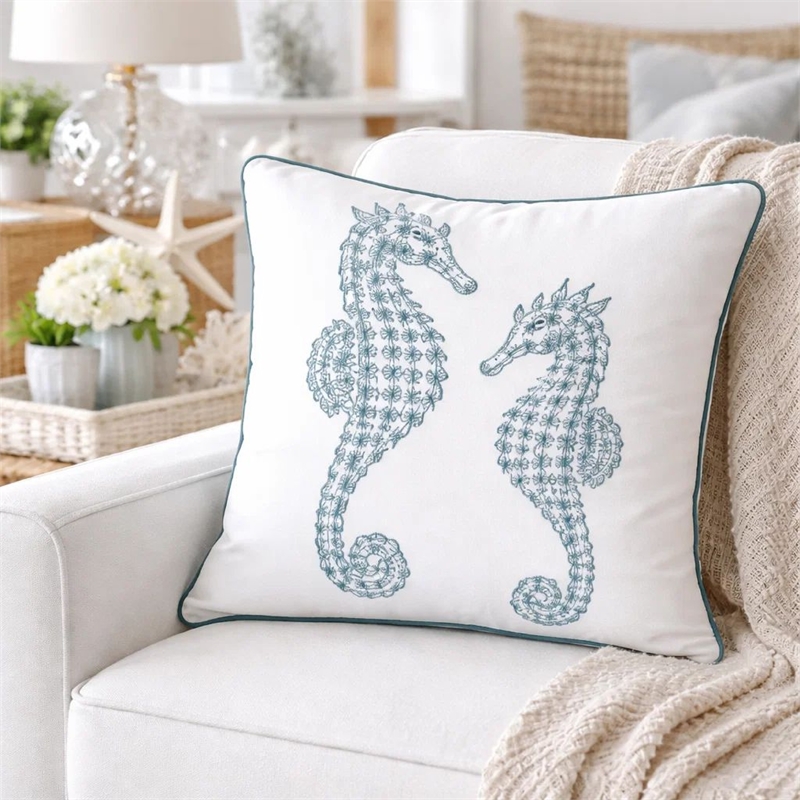 Meo Throw Pillow- Embroidered Seahorse- White Blue Velvet- 20 Inch Square