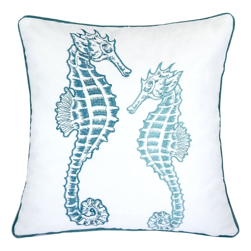 Meo Throw Pillow- Embroidered Seahorse- White Blue Velvet- 20 Inch Square