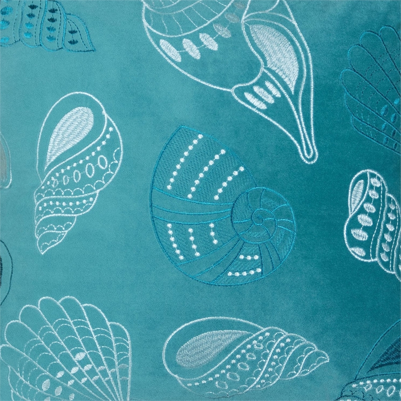 Meo Throw Pillow- Embroidered Seashell Pattern Blue Velvet- 20 Inch Square