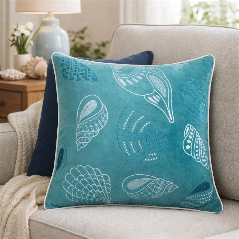 Meo Throw Pillow- Embroidered Seashell Pattern Blue Velvet- 20 Inch Square