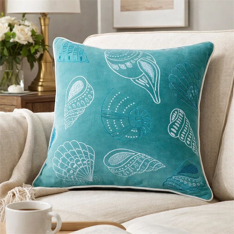 Meo Throw Pillow- Embroidered Seashell Pattern Blue Velvet- 20 Inch Square