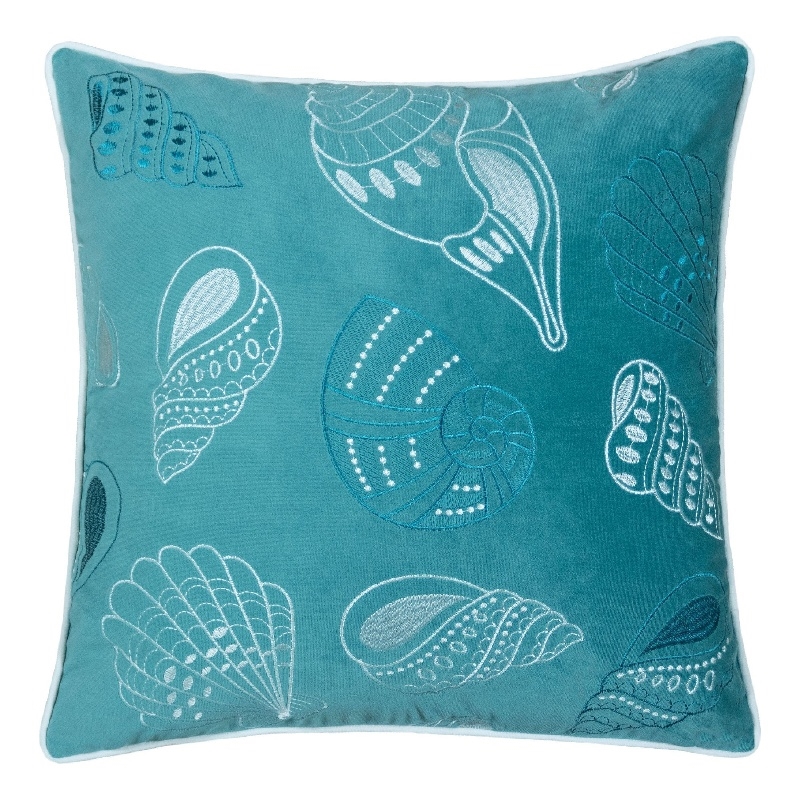 Meo Throw Pillow- Embroidered Seashell Pattern Blue Velvet- 20 Inch Square