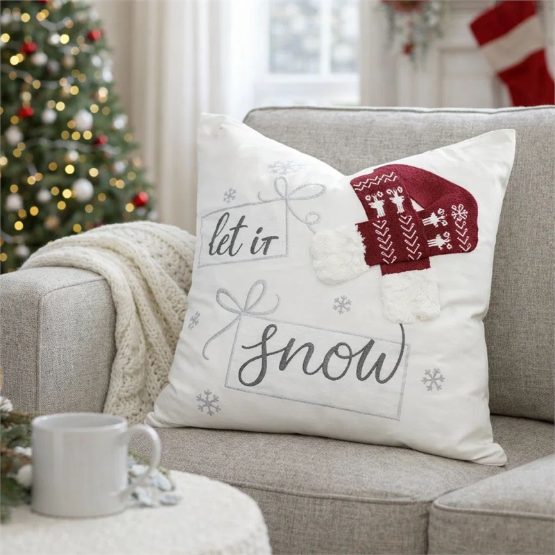 Throw Pillow Cover- Let It Snow Christmas Red Knit Hat- 20 Inch Square