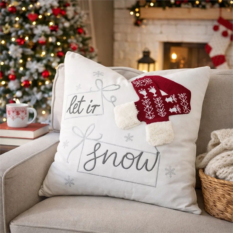 Throw Pillow Cover- Let It Snow Christmas Red Knit Hat- 20 Inch Square