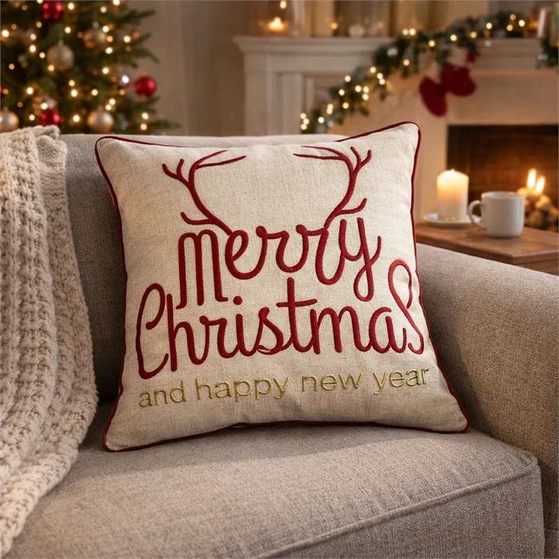 Throw Pillow Cover- Merry Christmas- Red with Gold Accents- 20 Inch Square