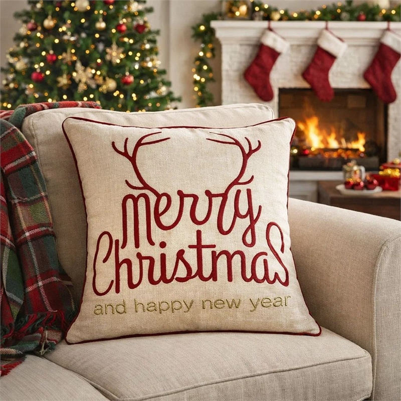 Throw Pillow Cover- Merry Christmas- Red with Gold Accents- 20 Inch Square