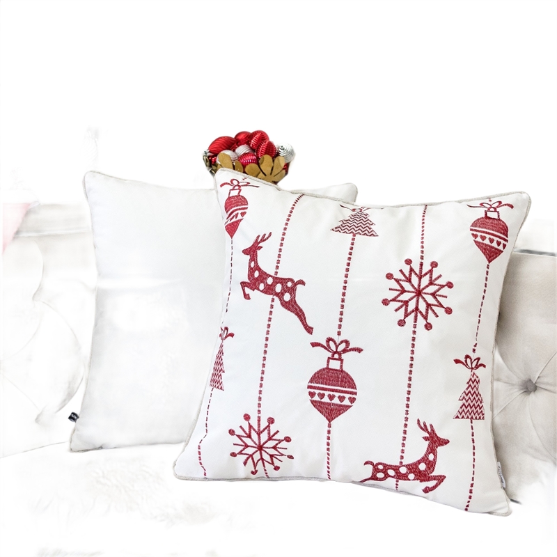 Throw Pillow Cover- Red Embroidered Reindeer and Snowflakes- 20 Inch Square