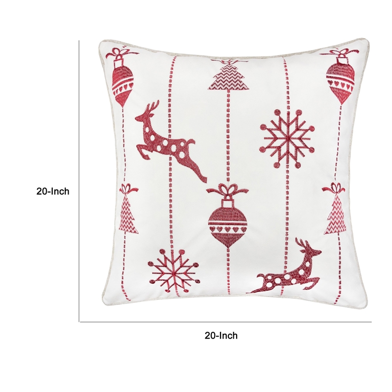 Throw Pillow Cover- Red Embroidered Reindeer and Snowflakes- 20 Inch Square