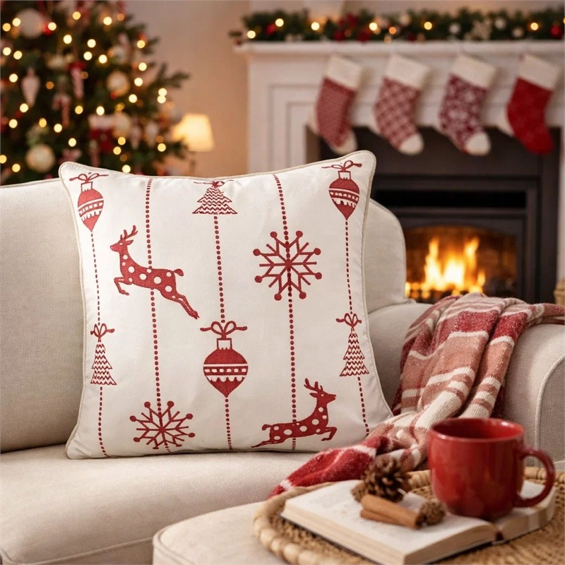 Throw Pillow Cover- Red Embroidered Reindeer and Snowflakes- 20 Inch Square