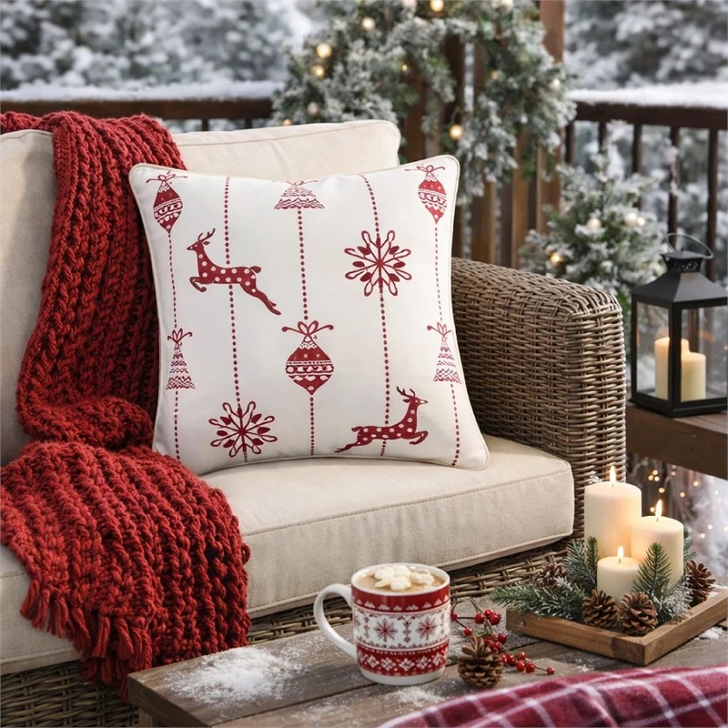 Throw Pillow Cover- Red Embroidered Reindeer and Snowflakes- 20 Inch Square