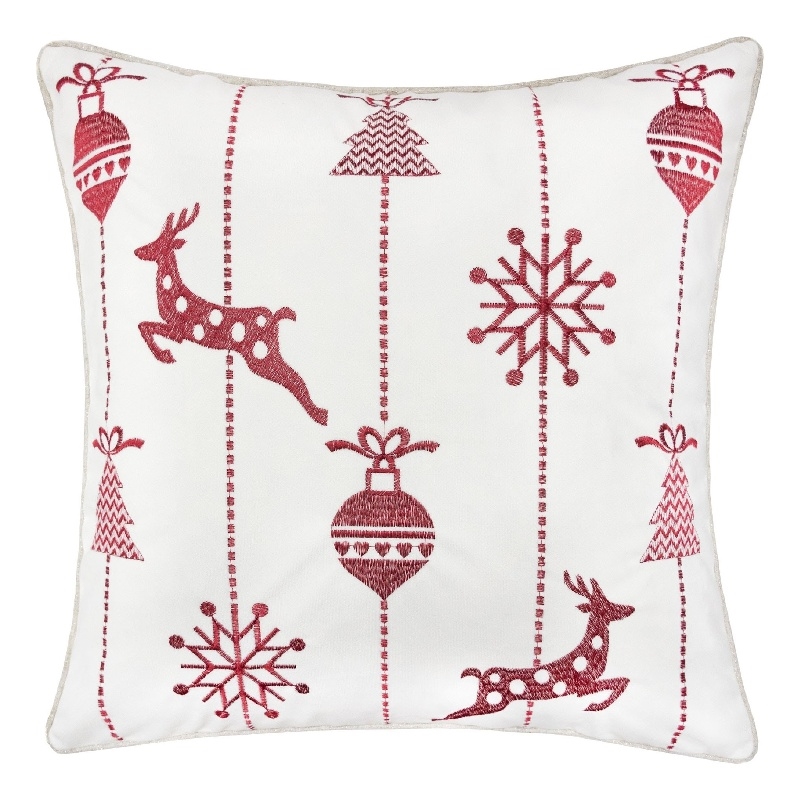 Throw Pillow Cover- Red Embroidered Reindeer and Snowflakes- 20 Inch Square