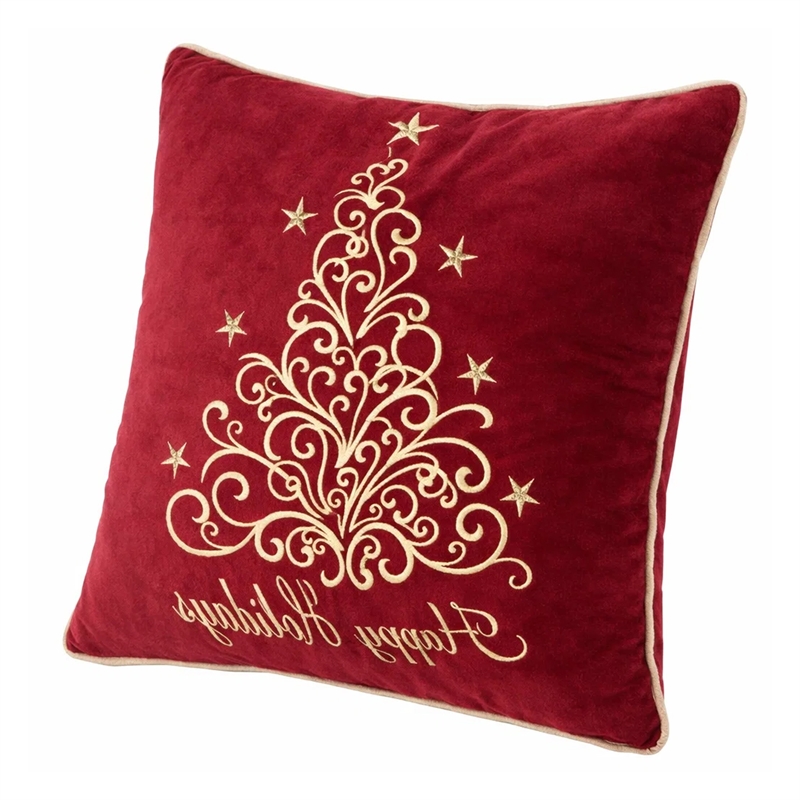 Aure Square Throw Pillow- Happy Holidays Embroidery- Red Velvet 20 Inch