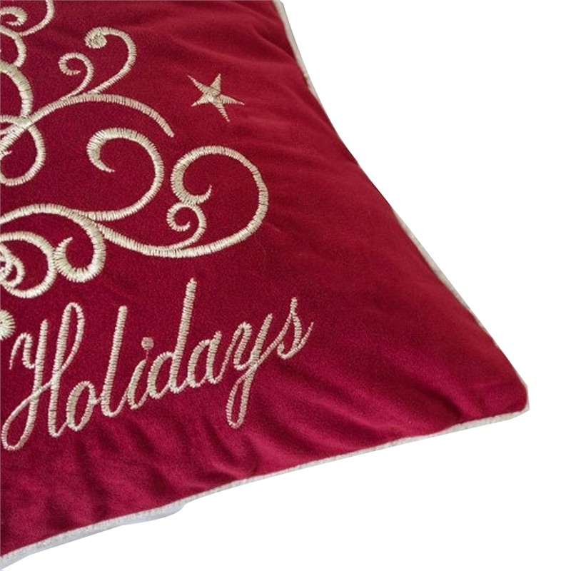 Aure Square Throw Pillow- Happy Holidays Embroidery- Red Velvet 20 Inch