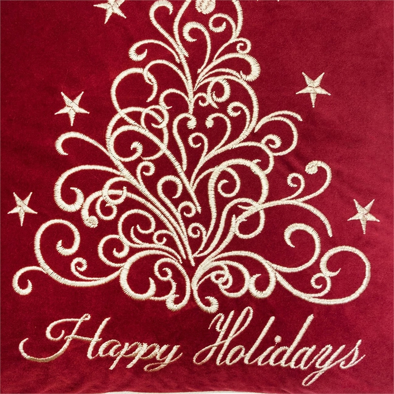 Aure Square Throw Pillow- Happy Holidays Embroidery- Red Velvet 20 Inch