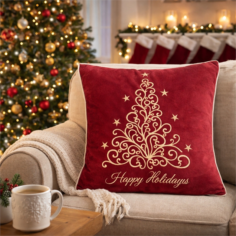 Aure Square Throw Pillow- Happy Holidays Embroidery- Red Velvet 20 Inch