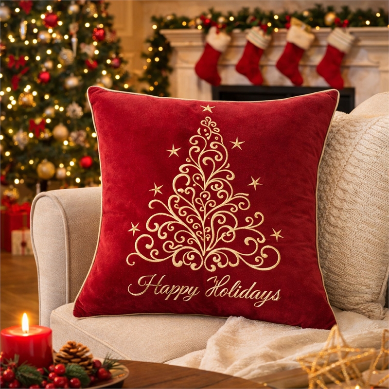 Aure Square Throw Pillow- Happy Holidays Embroidery- Red Velvet 20 Inch