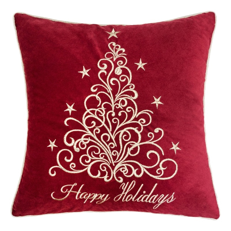 Aure Square Throw Pillow- Happy Holidays Embroidery- Red Velvet 20 Inch