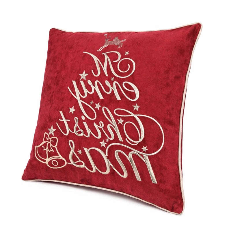 Aure Square Throw Pillow- Merry Christmas Embroidery- Red Velvet 20 Inch